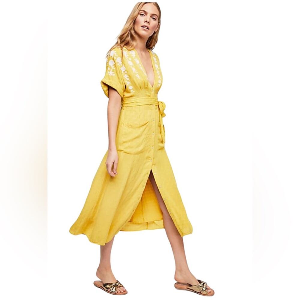 NWT Free People Love To Love You Dress yellow embroidered midi dress Sz S - Picture 3 of 11